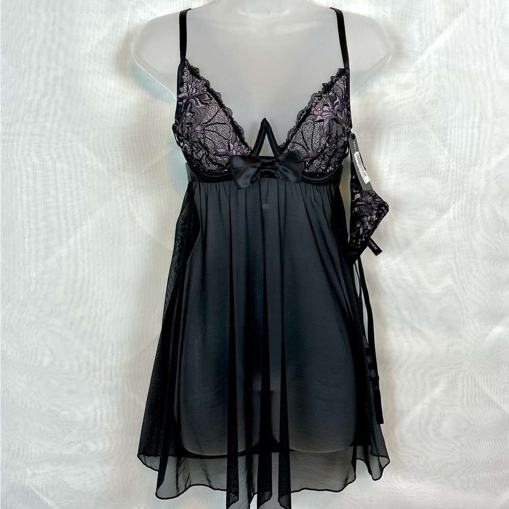 NWT Oh LaLa Cheri Black Lace Babydoll Lingerie Set